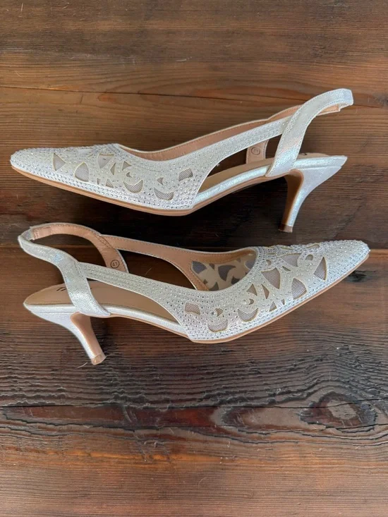 TAXI Silver Embellished Pointed Toe Slingback Heels - Picture 2 of 7